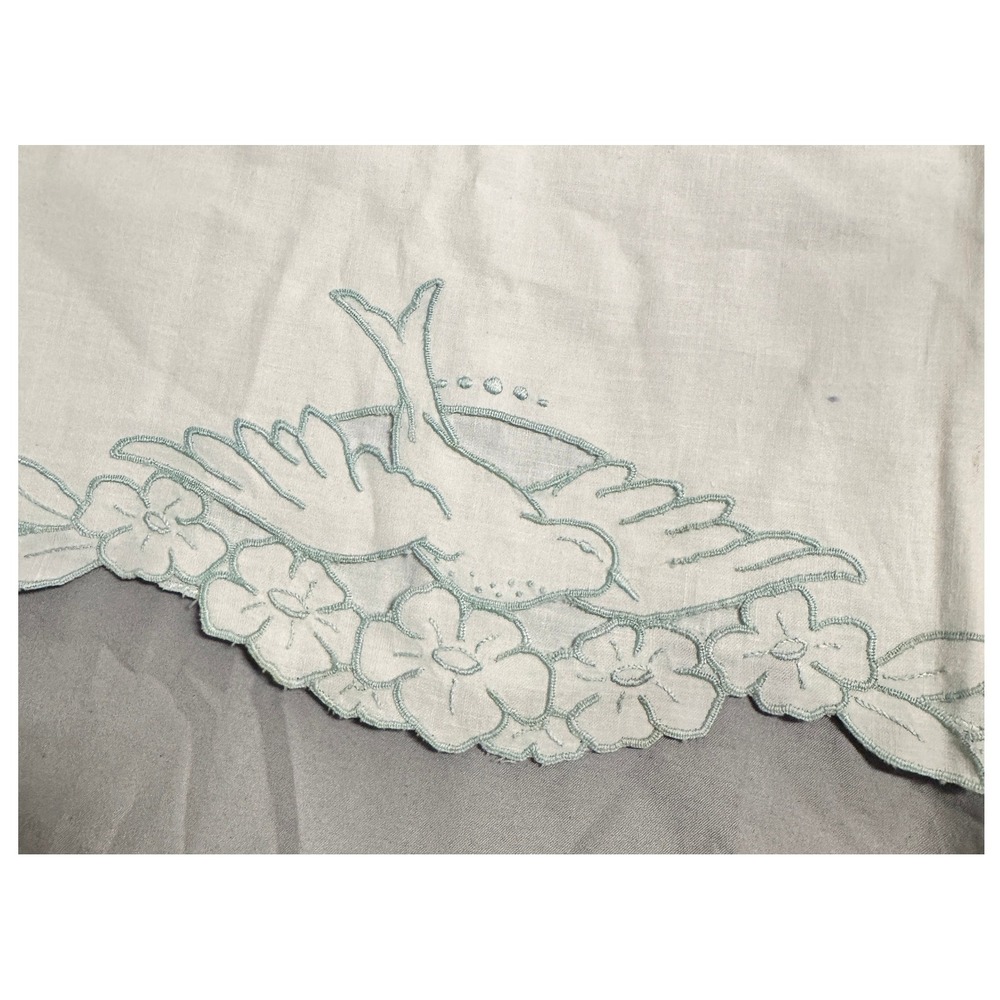 Vintage Embroidered Pillowcase Mint Green Bird Floral Scalloped White Cotton